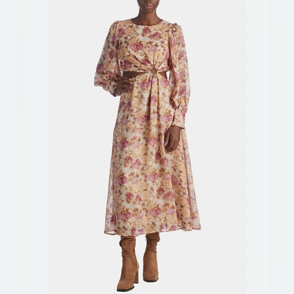 EN‎ SAISON Beige and pink floral Boho cutout balloon sleeve maxi dress size M